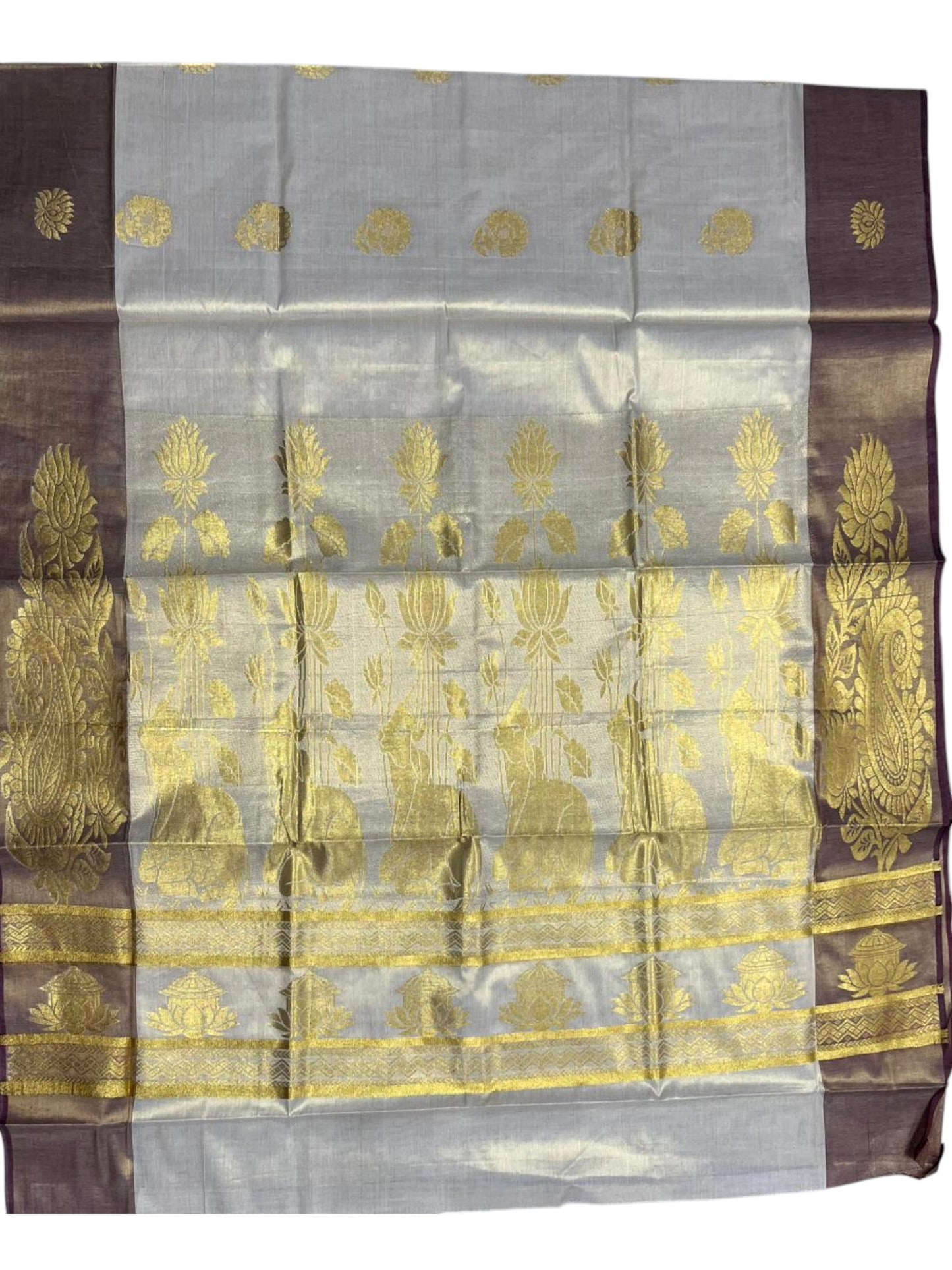 Southloom  Kerala Tissue Kasavu Heavy Work Saree with Nandhi Design And Purple Border SL483