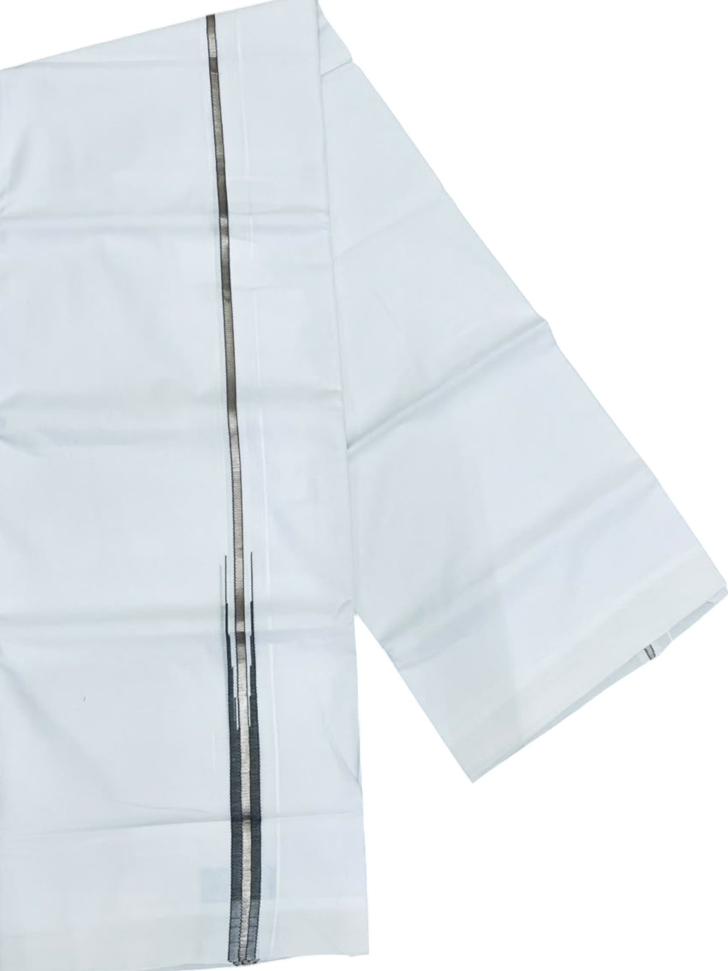Southloom Pure White Cotton Double Mundu with Silver and Black Chutti Kara (South Indian Dhoti)