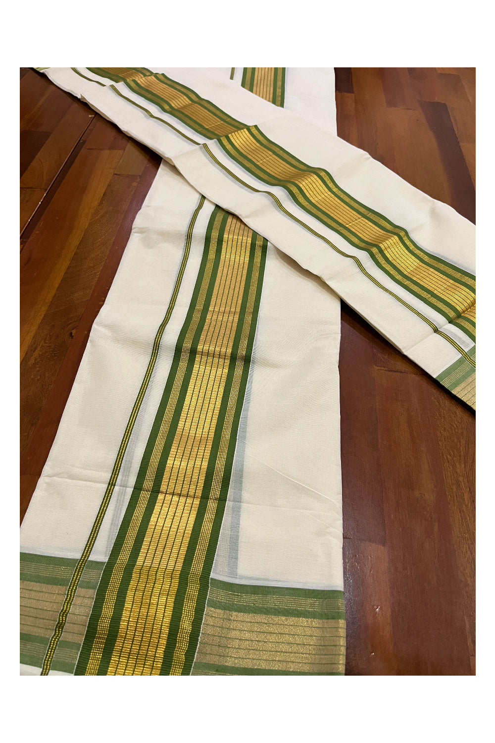 Pure Cotton Mundum Neriyathum Double (Set Mundu) with Green and Kasavu Border 2.80 Mtrs