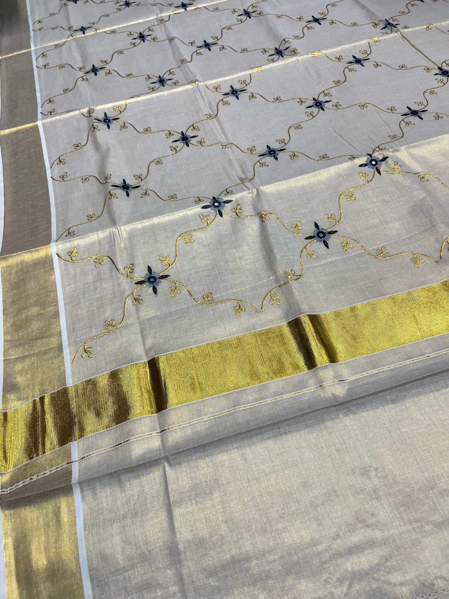 Southloom Tissue Kerala Kasavu Plain Saree with  Embroidery Designs on Body