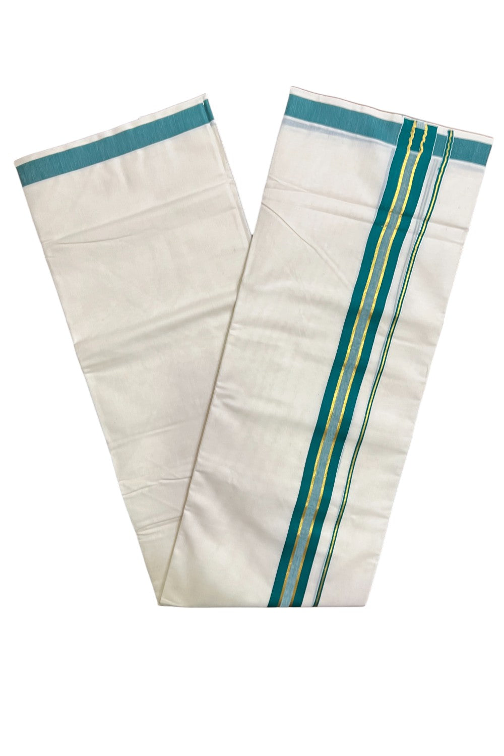 Kerala Pure Cotton Double Mundu with Kasavu And Green Border (South Indian Kerala Dhoti)
