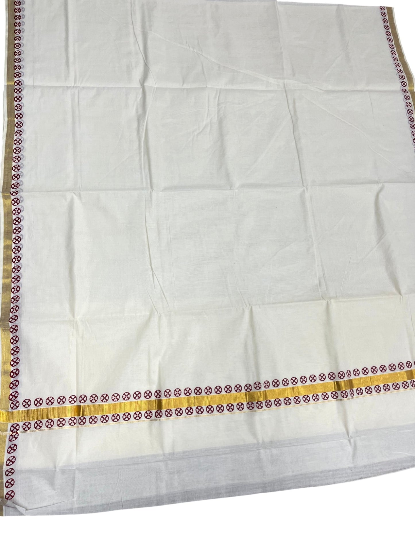 Southloom Cotton Kerala Kasavu Saree with Block Printed Design on Borders and Kara in Maroon