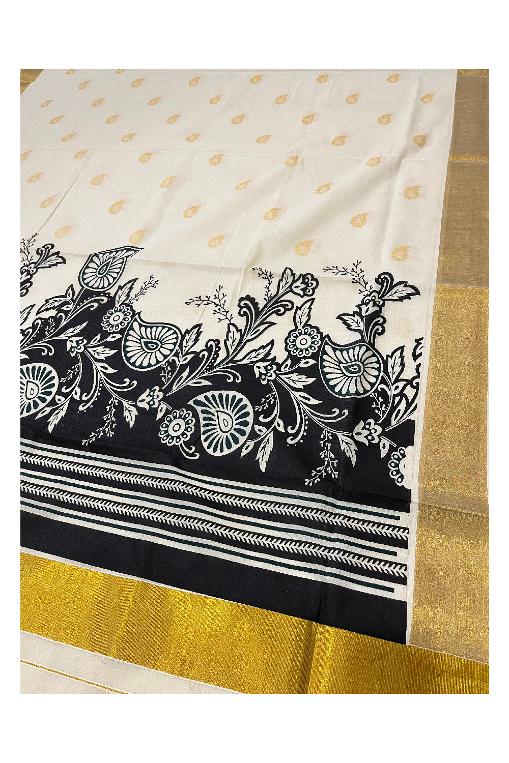 Kerala Cotton Saree with Black Block Prints on Pallu and Golden Block Prints on Body