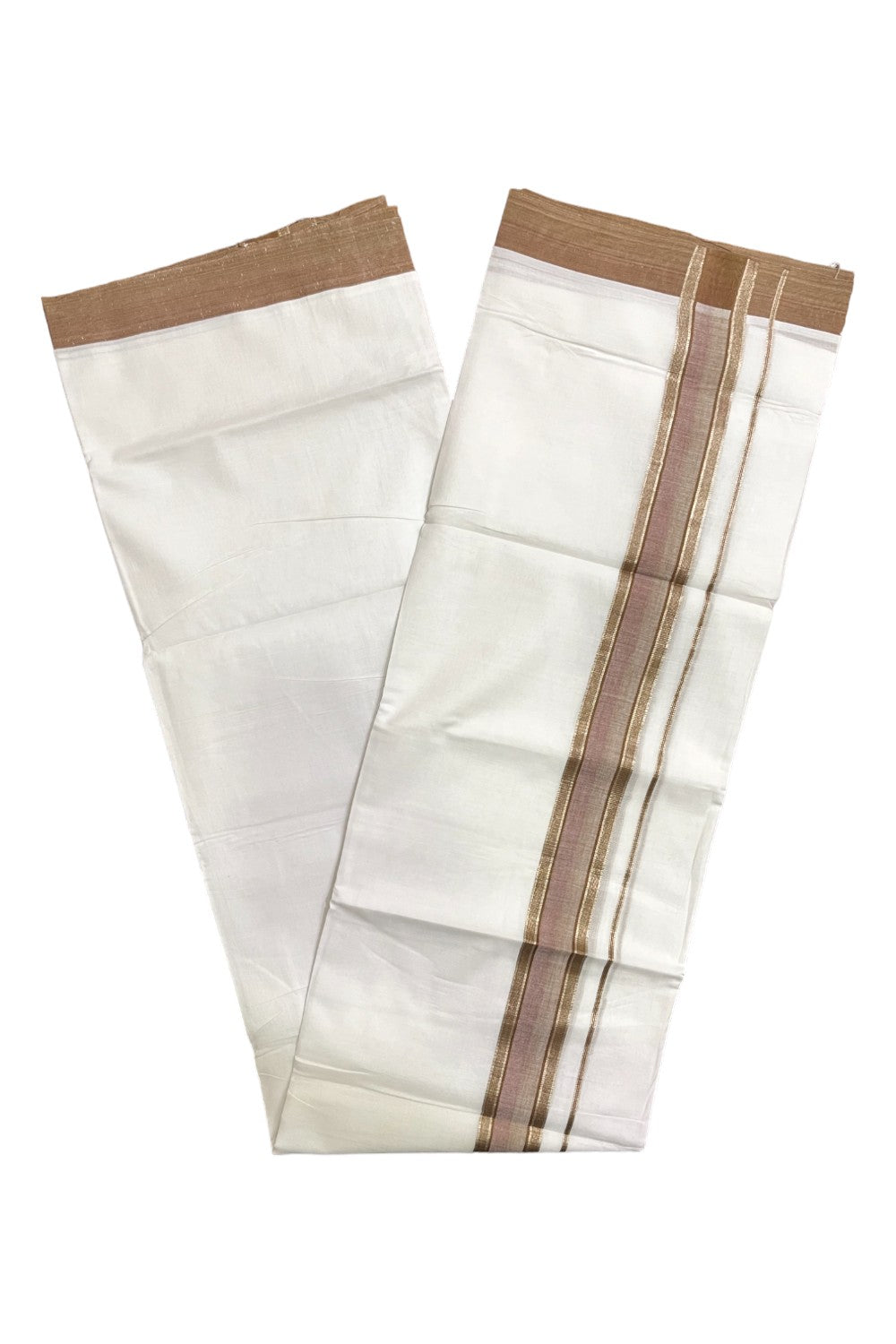 Pure White Cotton Kerala Double Mundu with Brown and Silver Kasavu Border (South Indian Kerala Dhoti)