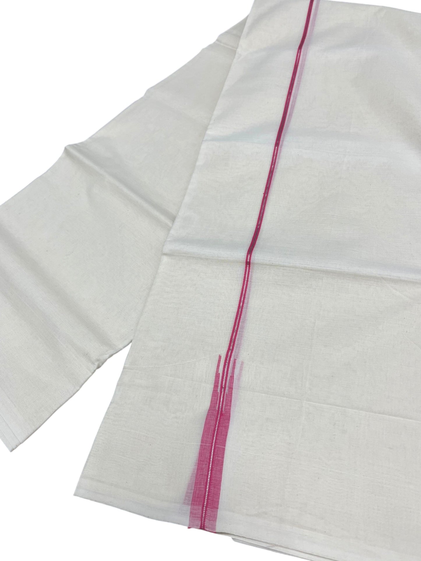 Kerala Pure Cotton Double Mundu with Silver And Pink Chutti Kara (South Indian Kerala Dhoti)
