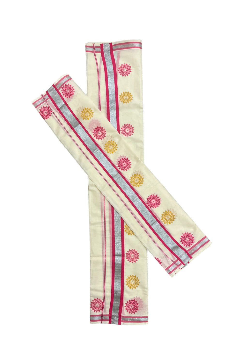 Kerala Cotton Mundum Neriyathum Single (Set Mundu) with Pink Golden Floral Block Prints in Pink Silver Kasavu Border