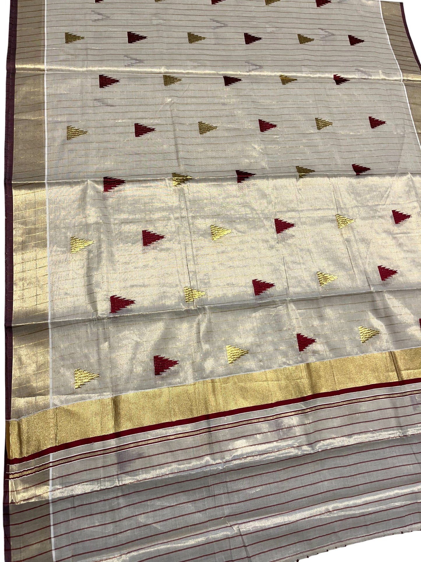 Kerala Tissue Kasavu Stripes Saree with Meroon and Gold Temple Embroidery Design on Body