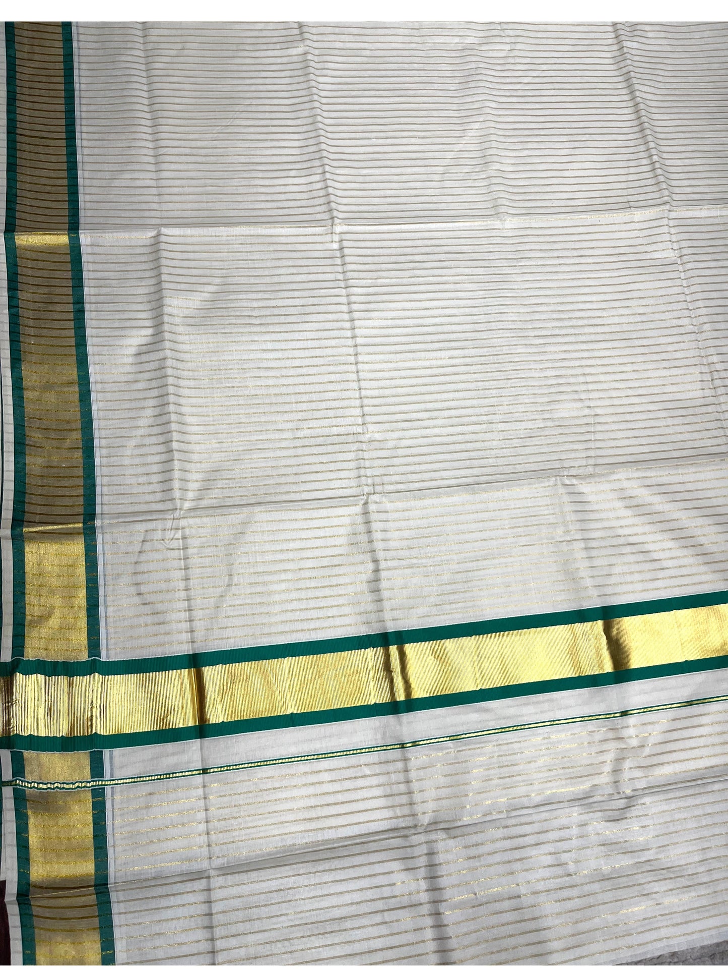 Southloom Pure Cotton Kerala Saree with Gold Kasavu Lines Across Body and Green Border