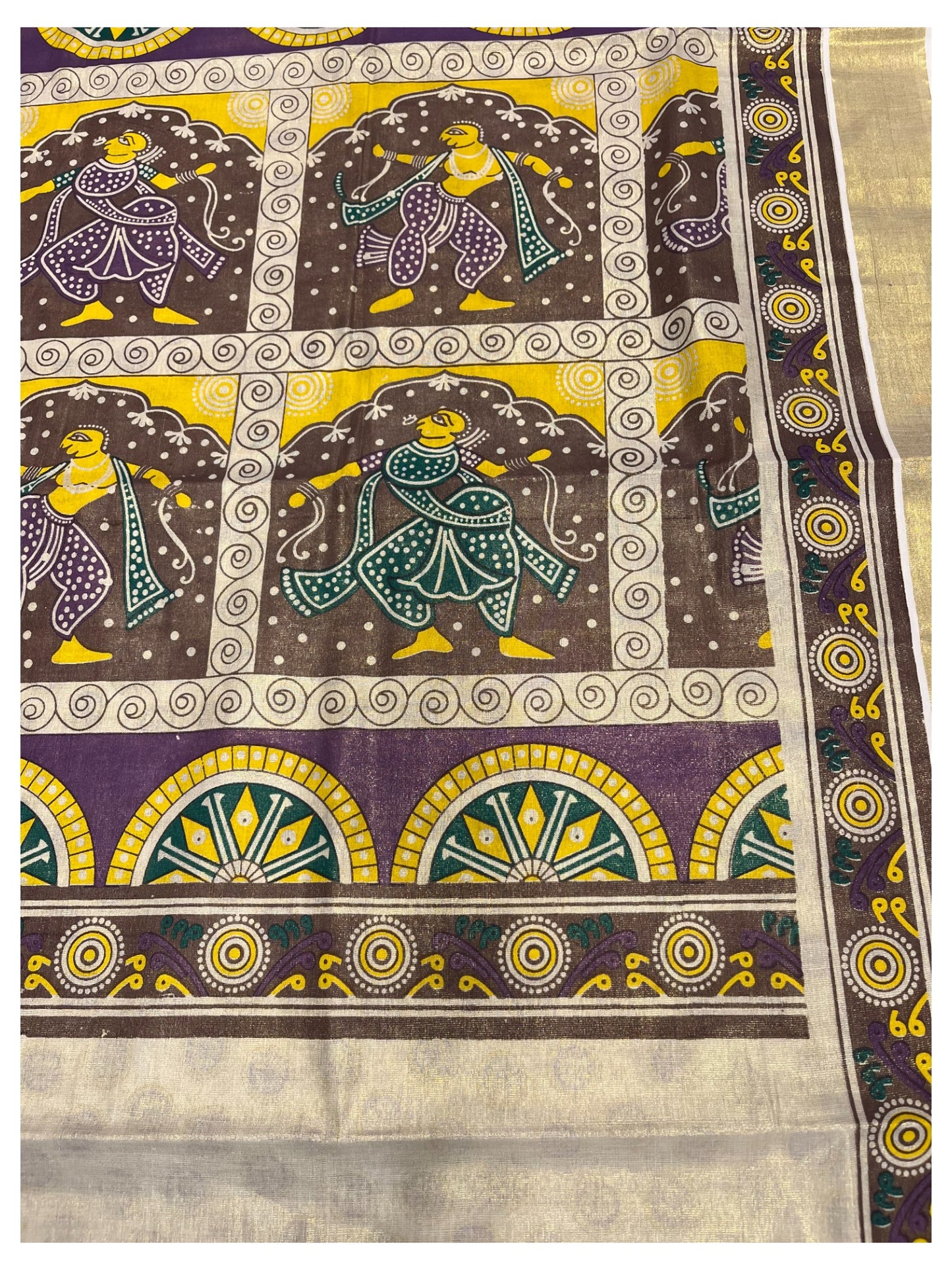 Southloom Kerala Tissue Kasavu Saree with Brown and Violet Hand Painted