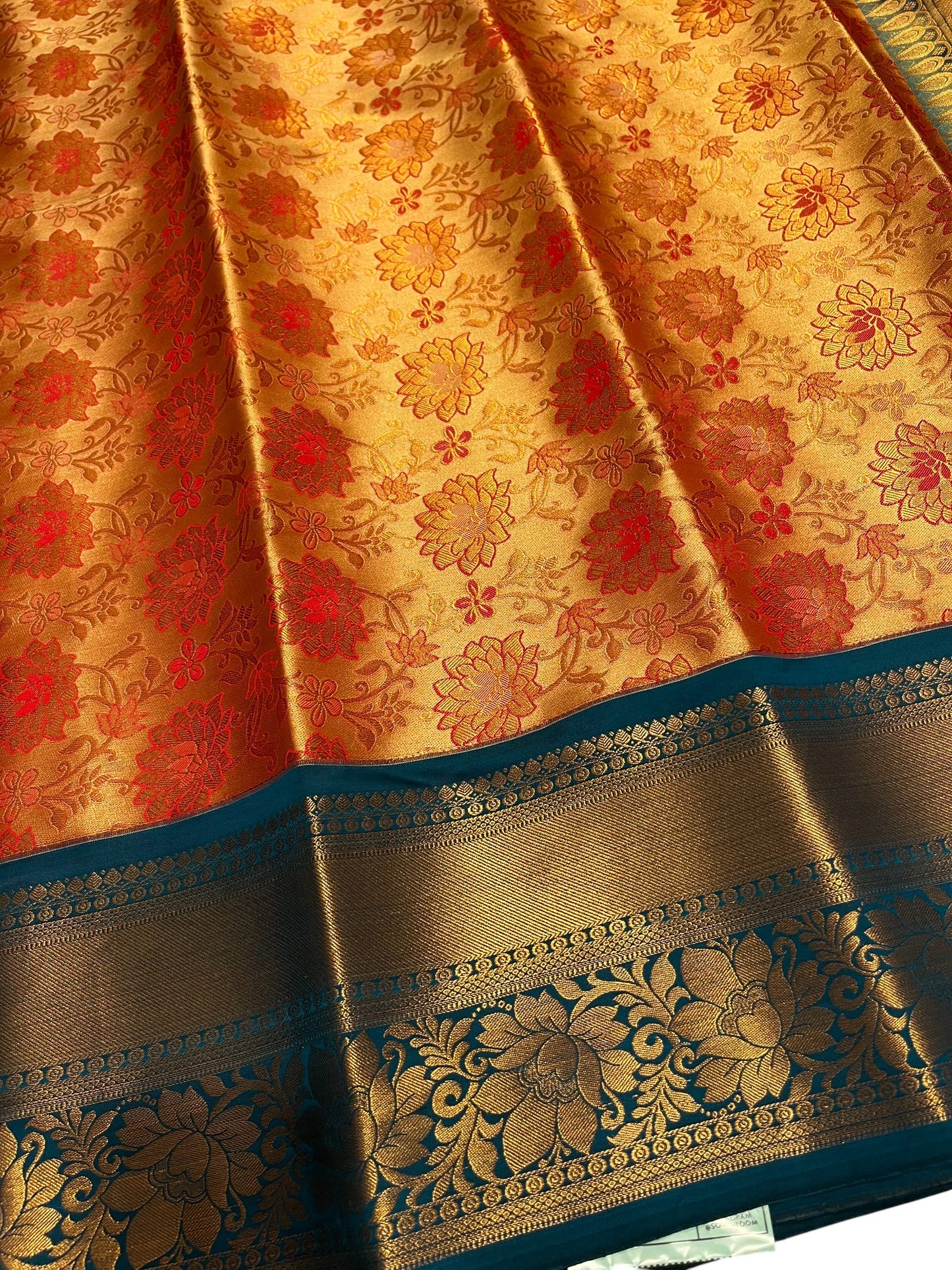 Southloom Banarasi Semi Silk Saree with Floral Zari Work Across Body (Orange & Blue)