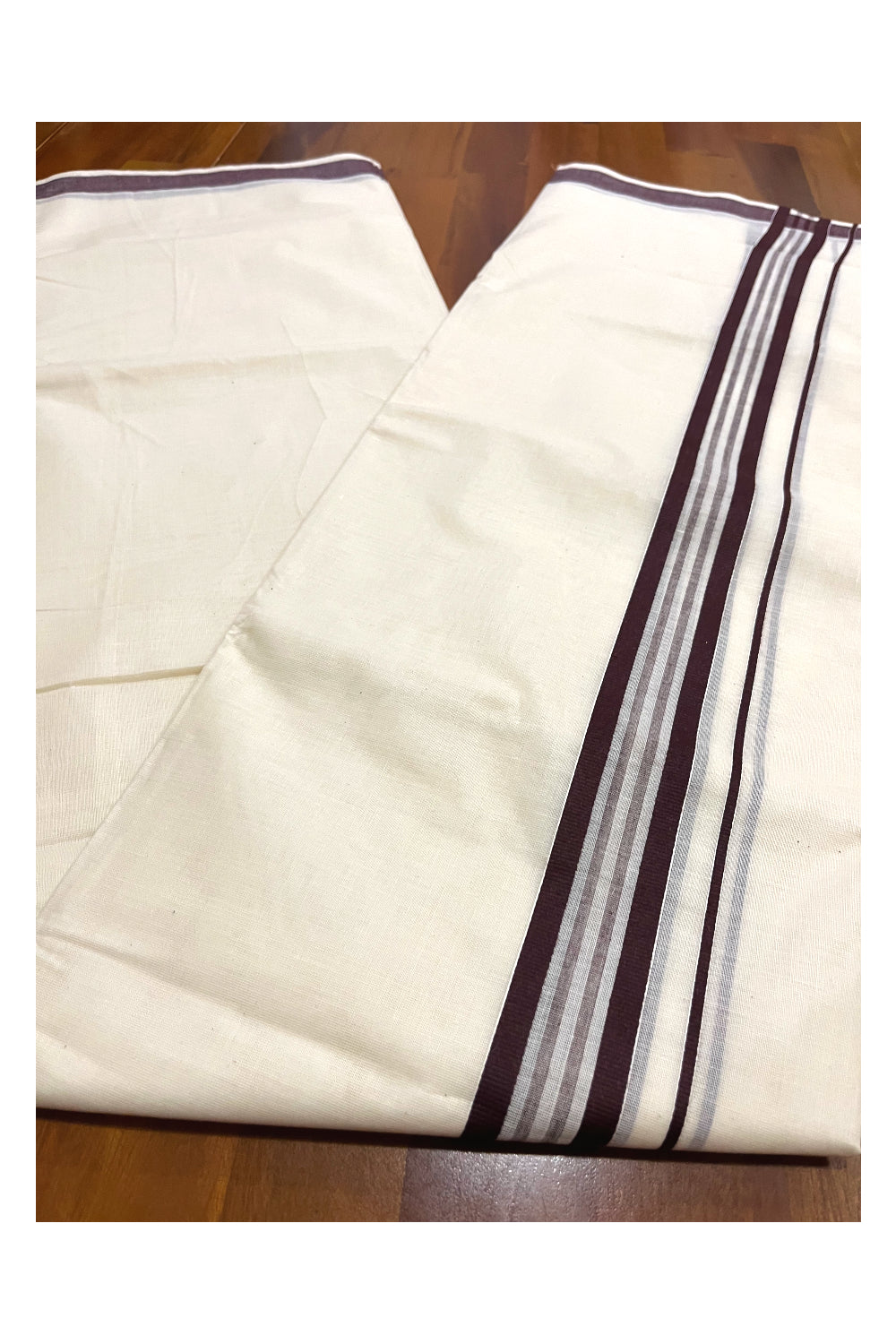 Kerala Cotton Double Mundu with Brown Line Border (Onam Mundu 2023)