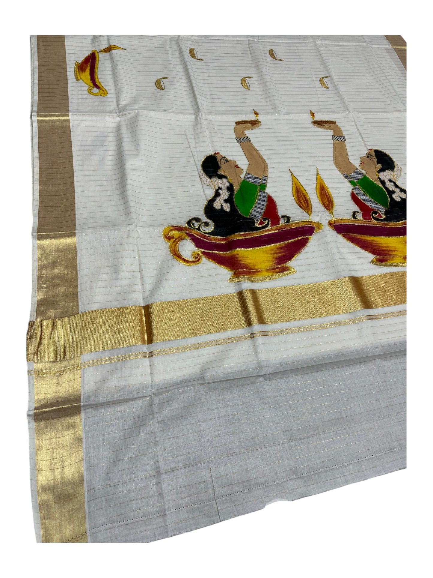 Southloom Kerala Cotton Kasavu Line Saree with Hand Painted & Embroidery Design