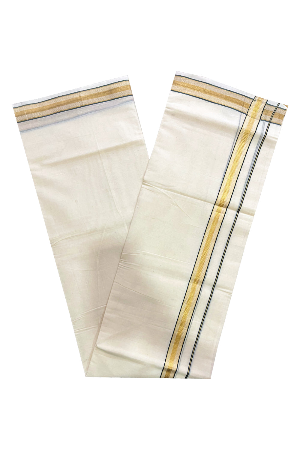 Kerala Pure Cotton Double Mundu with Dark Green and Kasavu Lines Border