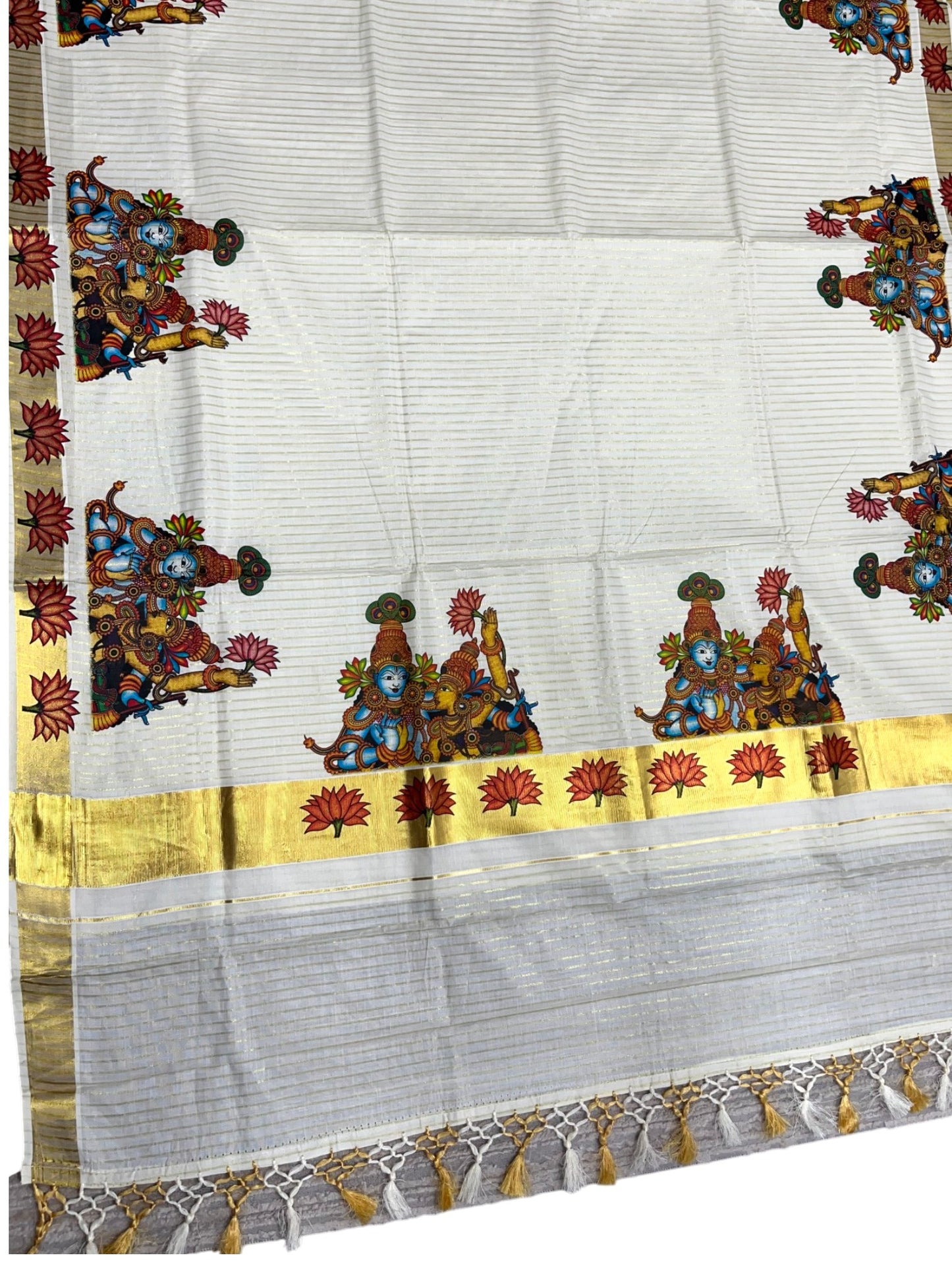 Southloom Pure Cotton Kerala Kasavu Lines Saree with Krishna Radha Mural Printed Art Design and Printed Border