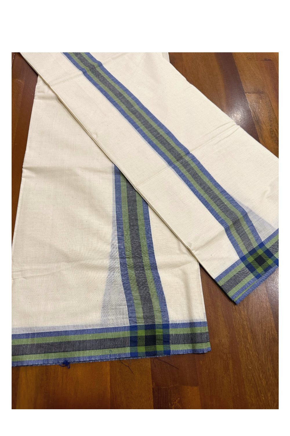 Kerala Mulloth Soft Cotton Mundum Neriyathum Single with Blue and Black Border (Onam Set Mundu 2023)