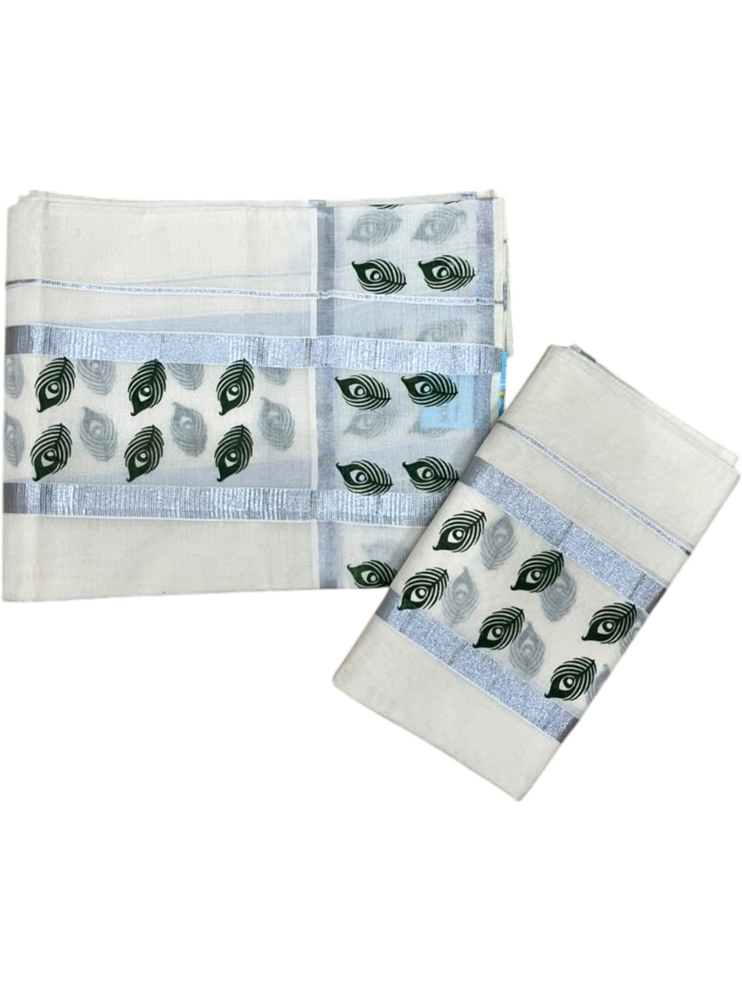 Southloom Pure Cotton Kerala Single Set Mundu (Mundum Neriyathum) with Green Printed And Silver Border 2.80 Mtrs