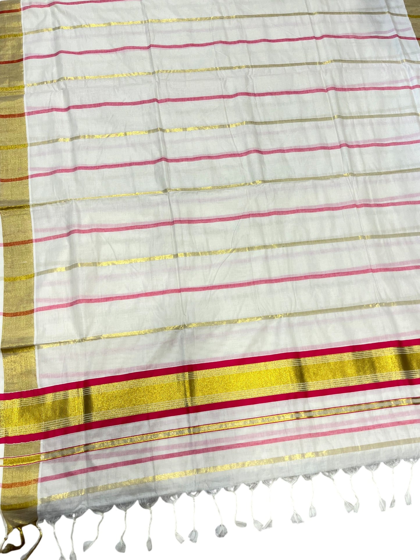 Southloom Kerala Cotton Kasavu Saree with Gold And Pink Lines on Body