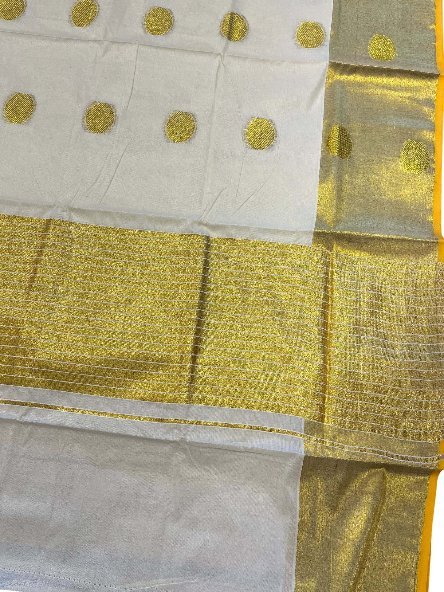 Southloom Cotton Kasavu Saree with Polka Woven Butta Works Across Body