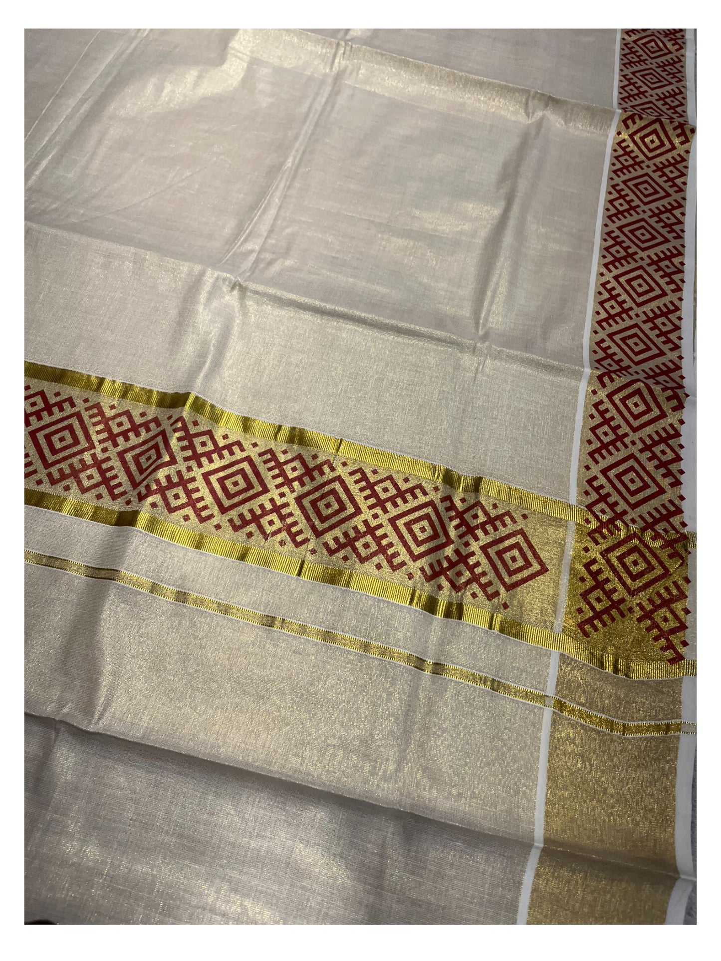 Southloom Kerala Tissue Kasavu Plain Saree  Maroon Hand Printed
