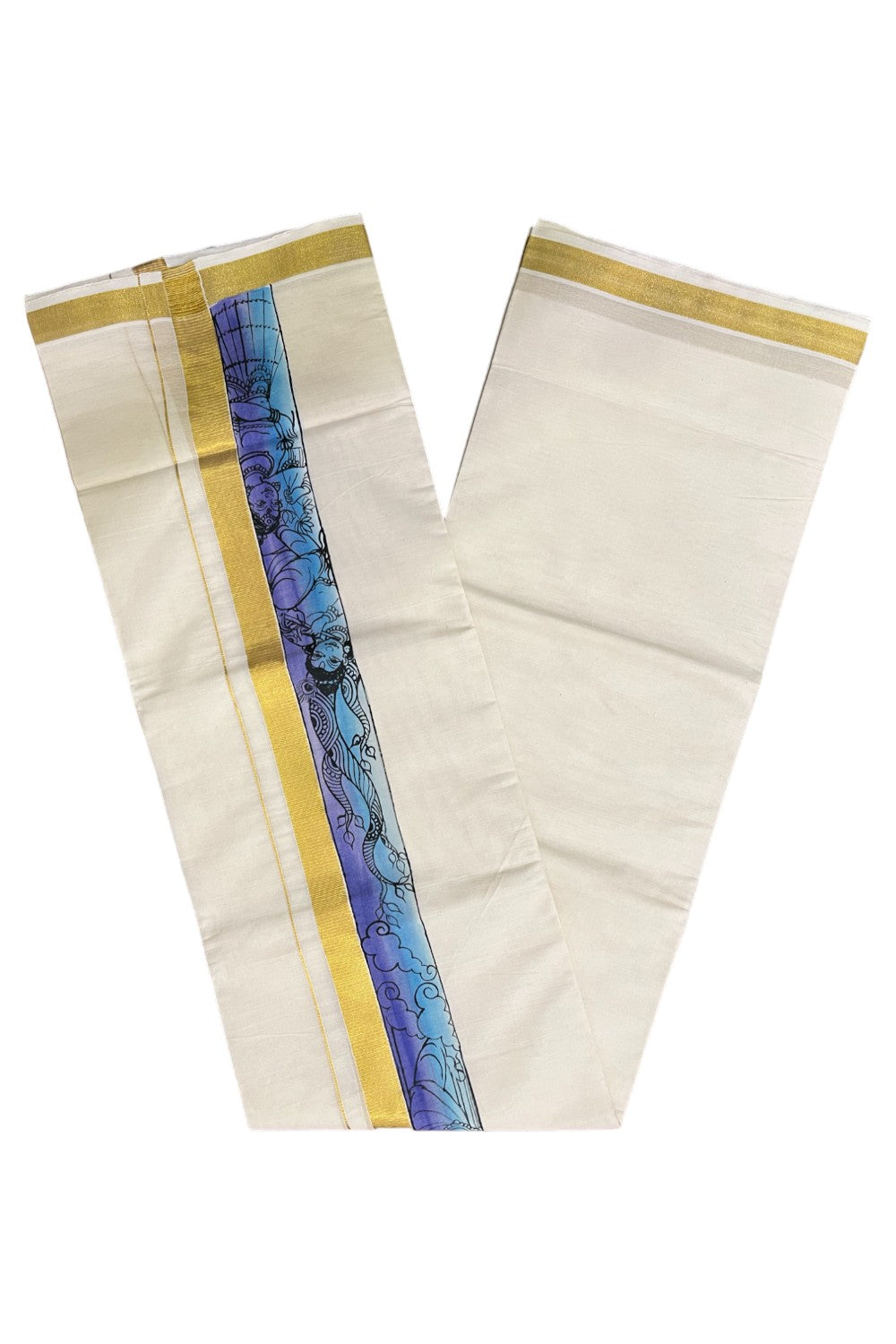 Kerala Pure Cotton Double Mundu with Mural Hand Painted Design on Kasavu Border (South Indian Kerala Dhoti)