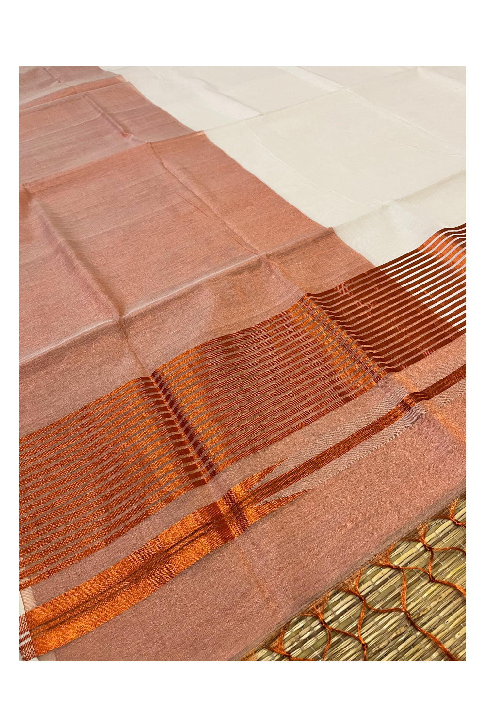 Southloom™ Premium Handloom Half & Half (Cotton / Tissue) Kerala Saree with Copper Kasavu Pallu