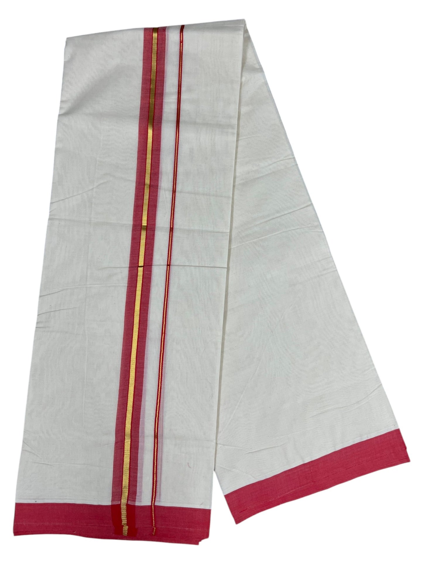 Southloom Pure Cotton Mundu with Gold Lines and Red Border (South Indian Kerala Dhoti)