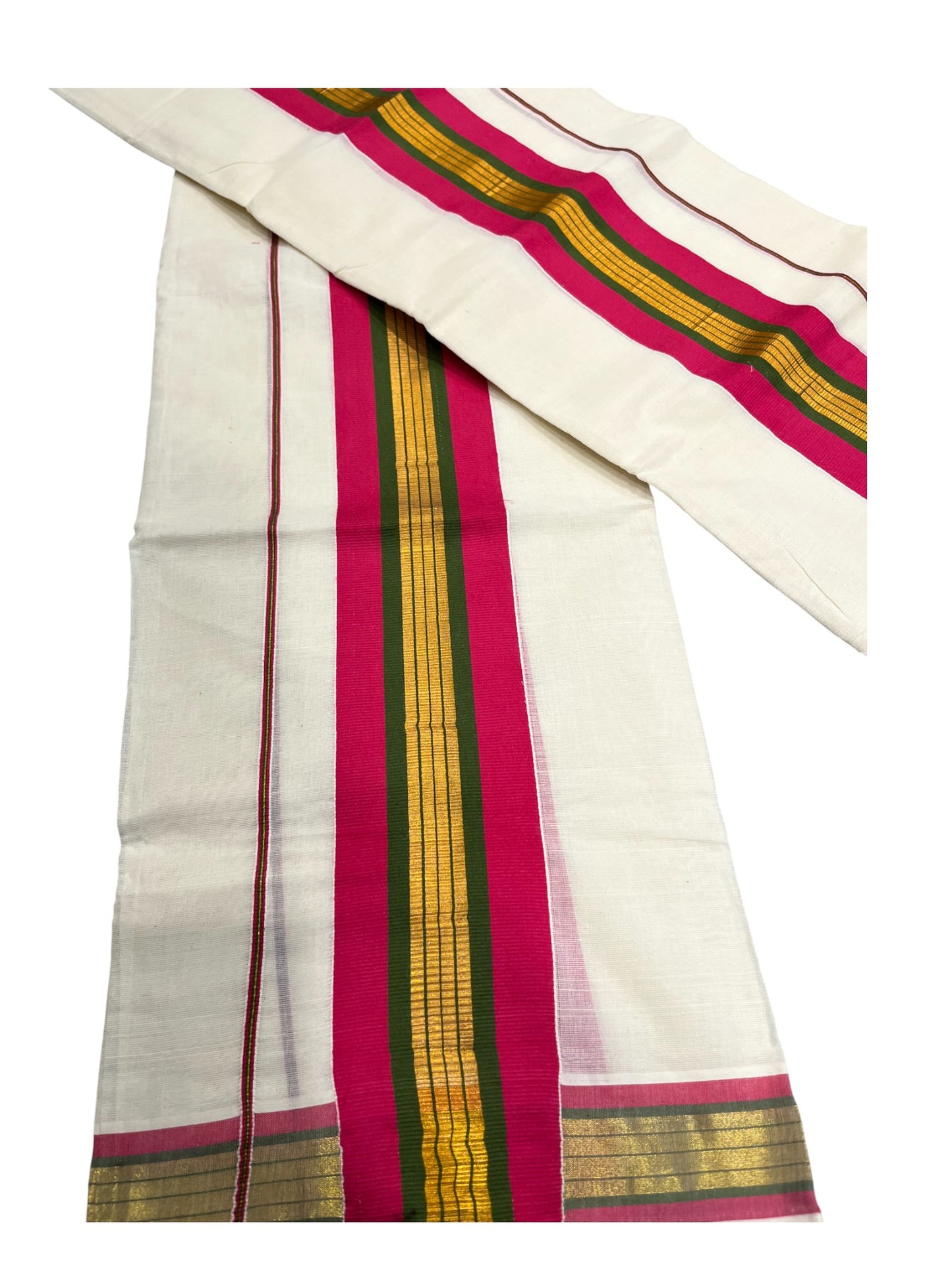 Kerala Cotton Kasavu Set Mundu (Mundum Neriyathum) with Magenta and Green Border 2.80 Mtrs