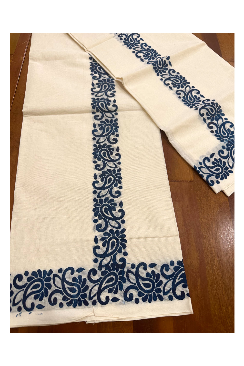 Kerala Cotton Set Mundu (Mundum Neriyathum) with Blue Block Printed Border (Onam Set Mundu 2023)