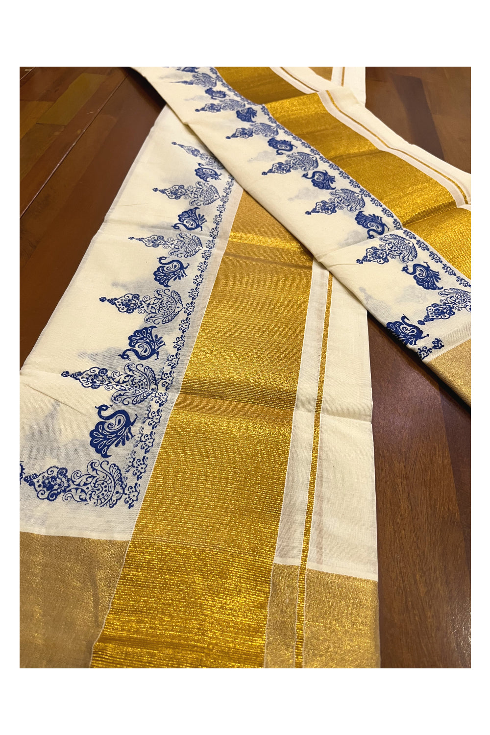 Pure Cotton Kerala Single Set Mundu (Mundum Neriyathum) with Blue Block Printed Kasavu Border (Onam 2023 Set Mundu)