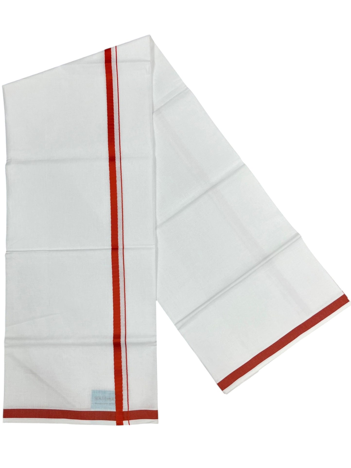 Southloom Pure White Cotton Single Mundu with Orange Border (South Indian Kerala Dhoti)