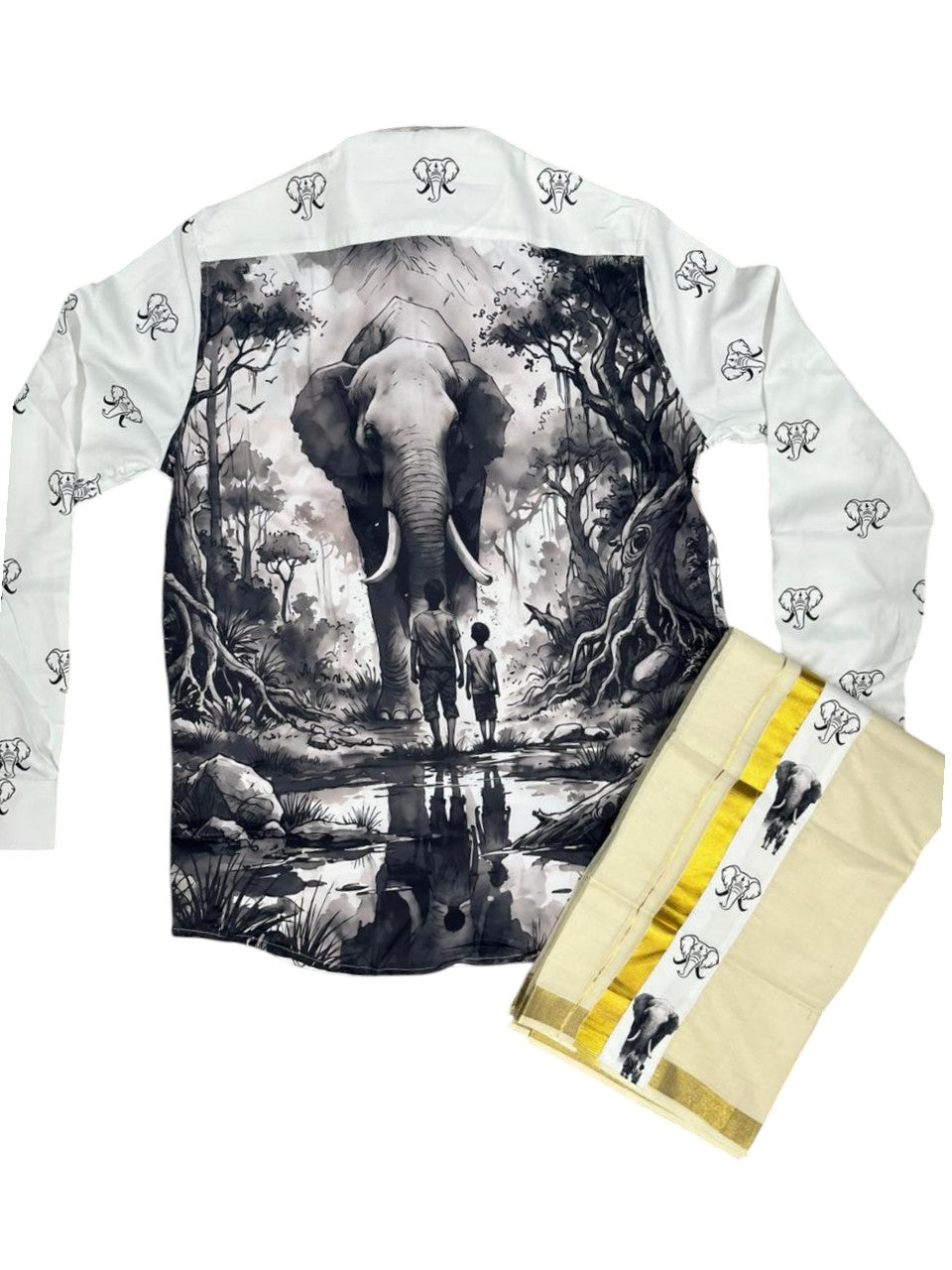 Southloom Premium Satin Elephant Digital Print Design Men's Combo  (Shirt + Mundu) SL576