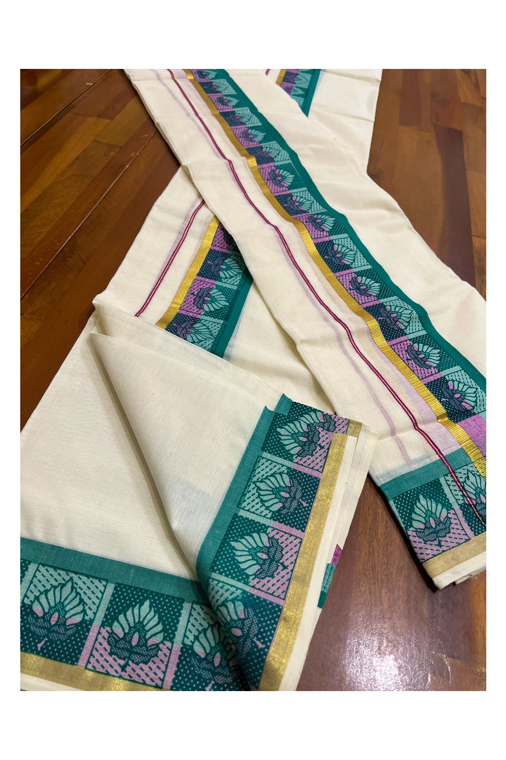 Kerala Cotton Kasavu Single Set Mundu (Mundum Neriyathum) with Pink and Green Kara and Block prints