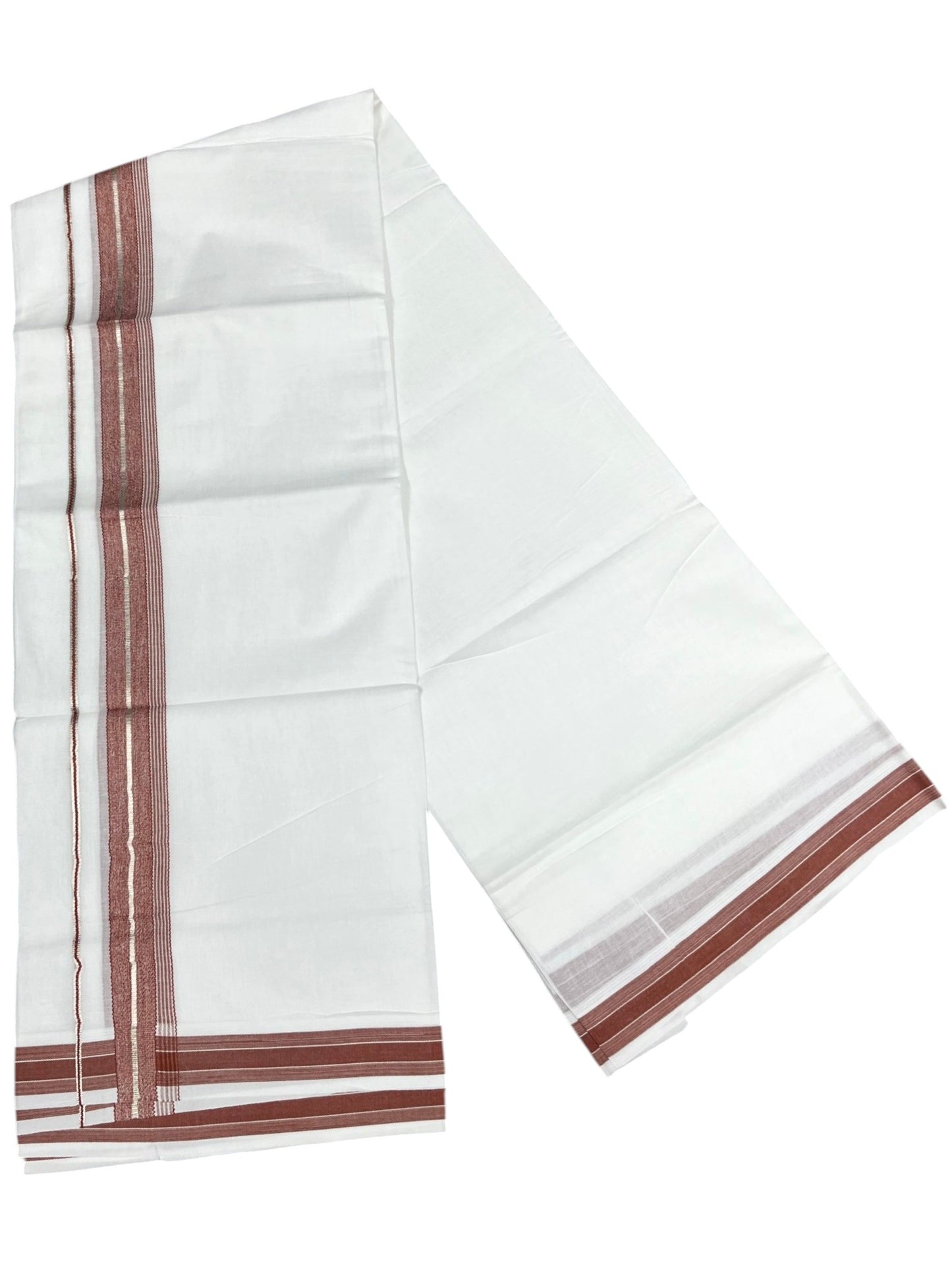 Southloom Kerala Pure White Cotton Double Mundu with Silver Line & Brick Red Border (South Indian Dhoti)