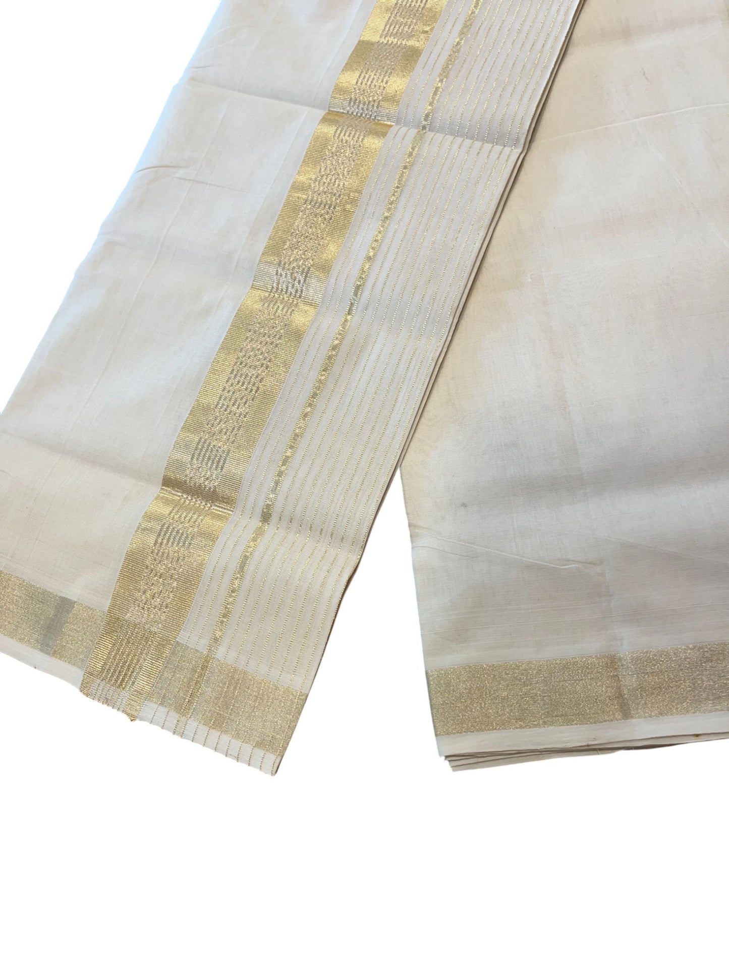 Southloom Premium Handloom Cotton Gold Kasavu Double Mundu with Stripes on Kara
