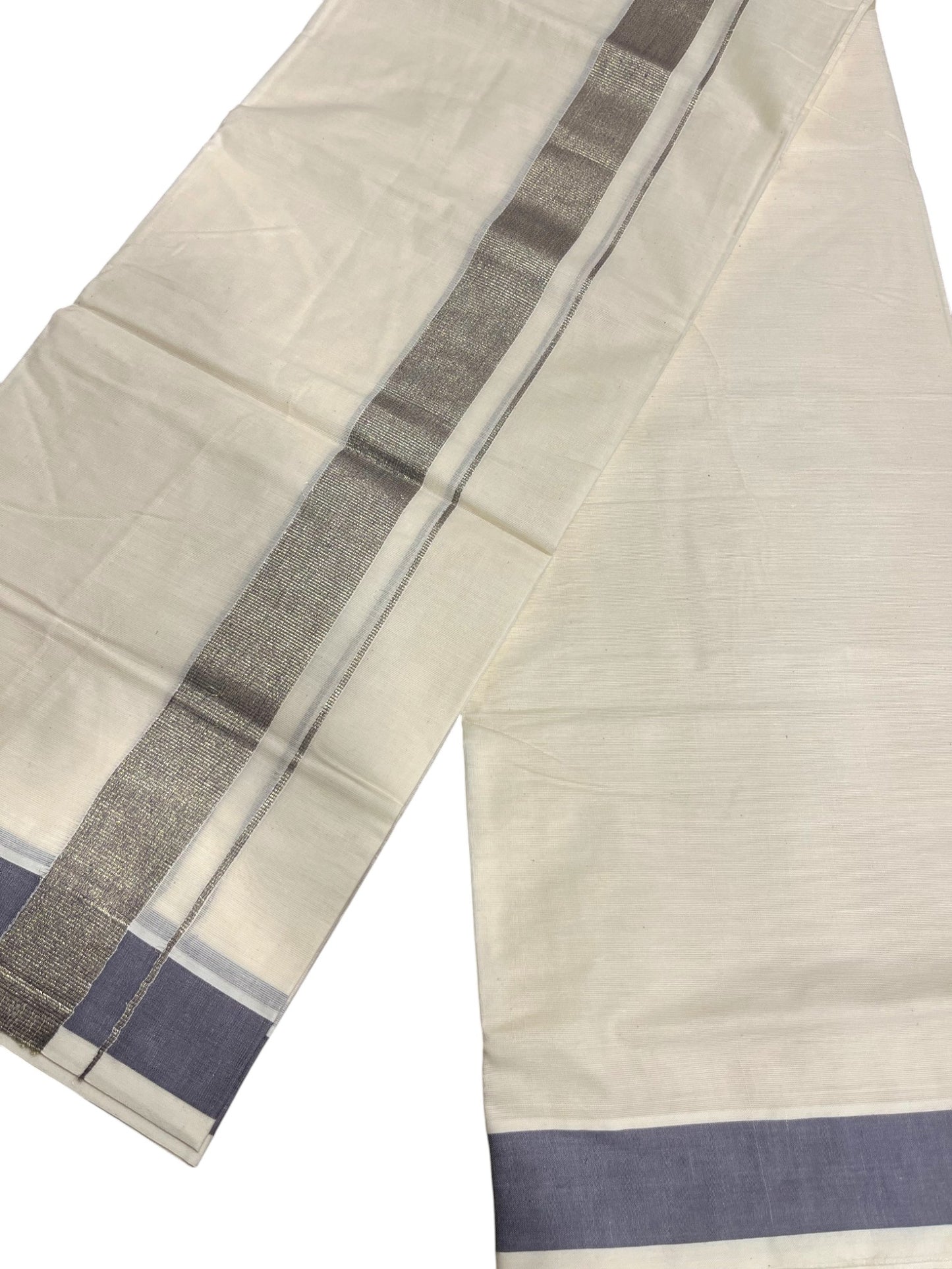 Southloom Kerala Pure Cotton Double Mundu with Grey Lines & Blue Border (South Indian Dhoti)