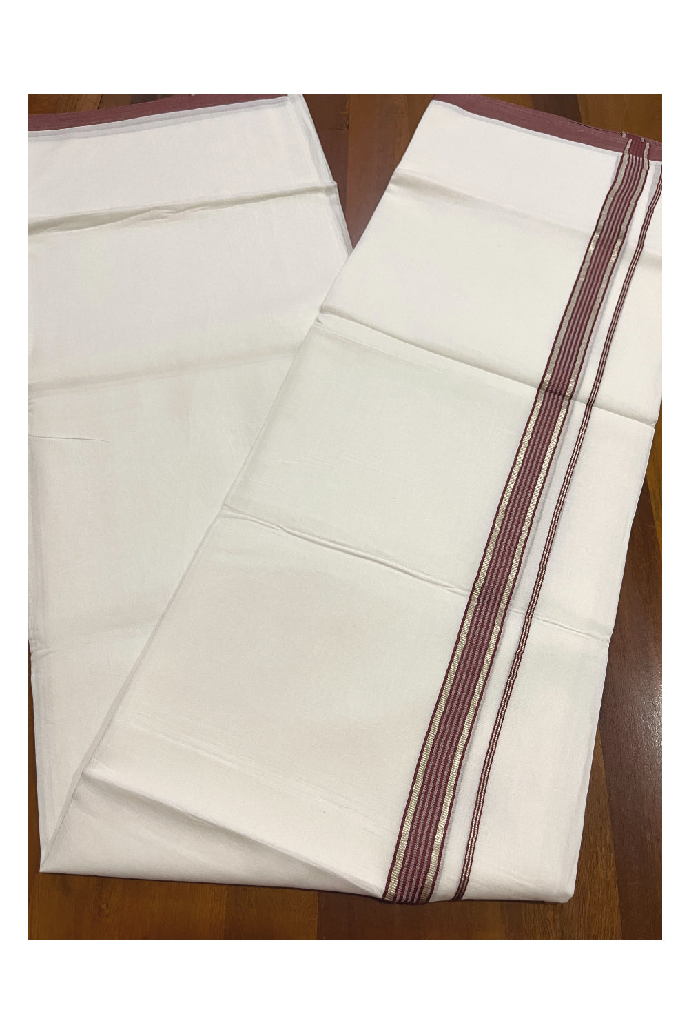 Pure White Kerala Double Mundu with Silver Kasavu and Maroon Kara (South Indian Kerala Dhoti)