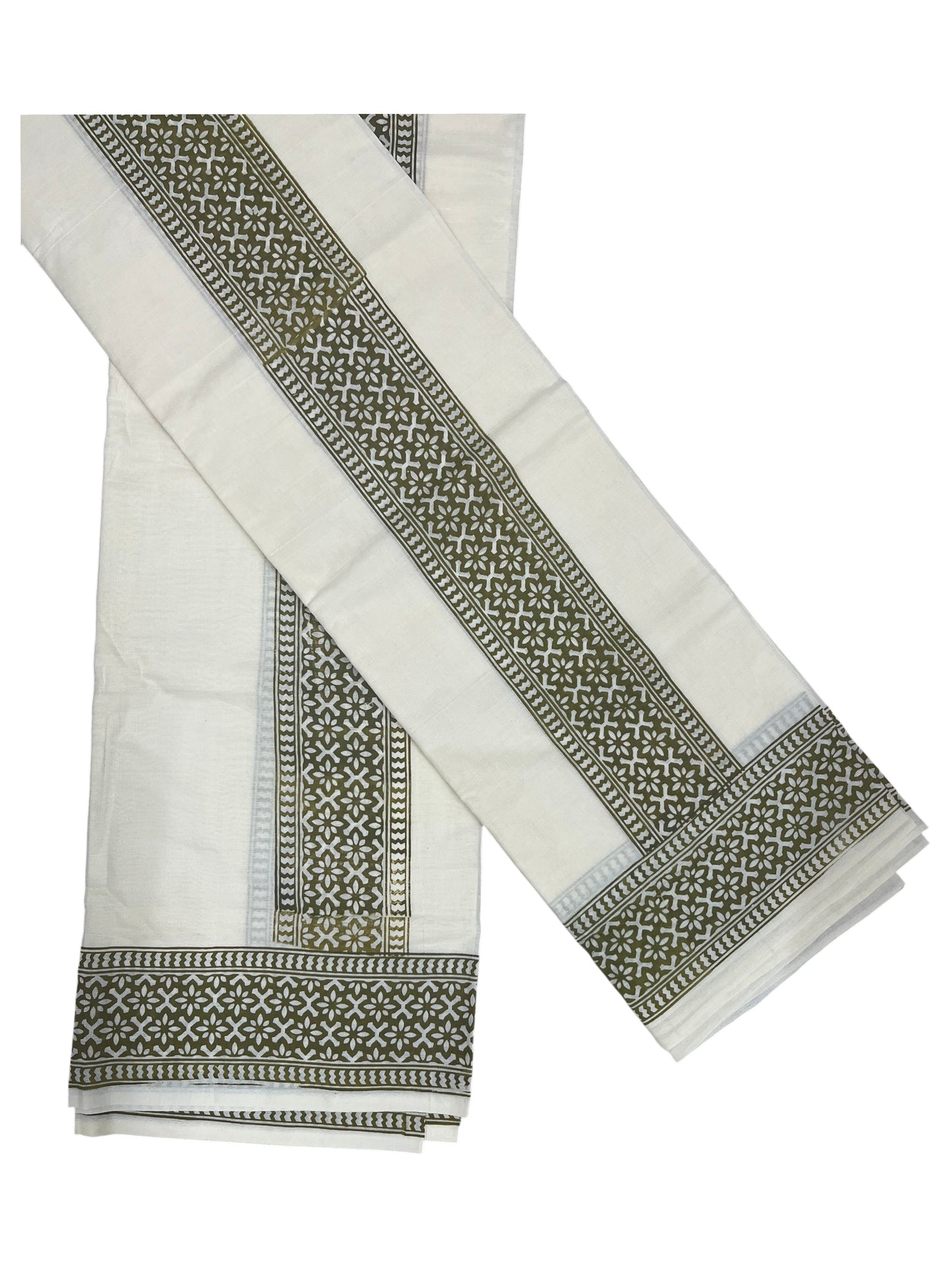 Southloom Olive Green Block Printed Set Mundu with Blouse Piece 2.80Mtrs