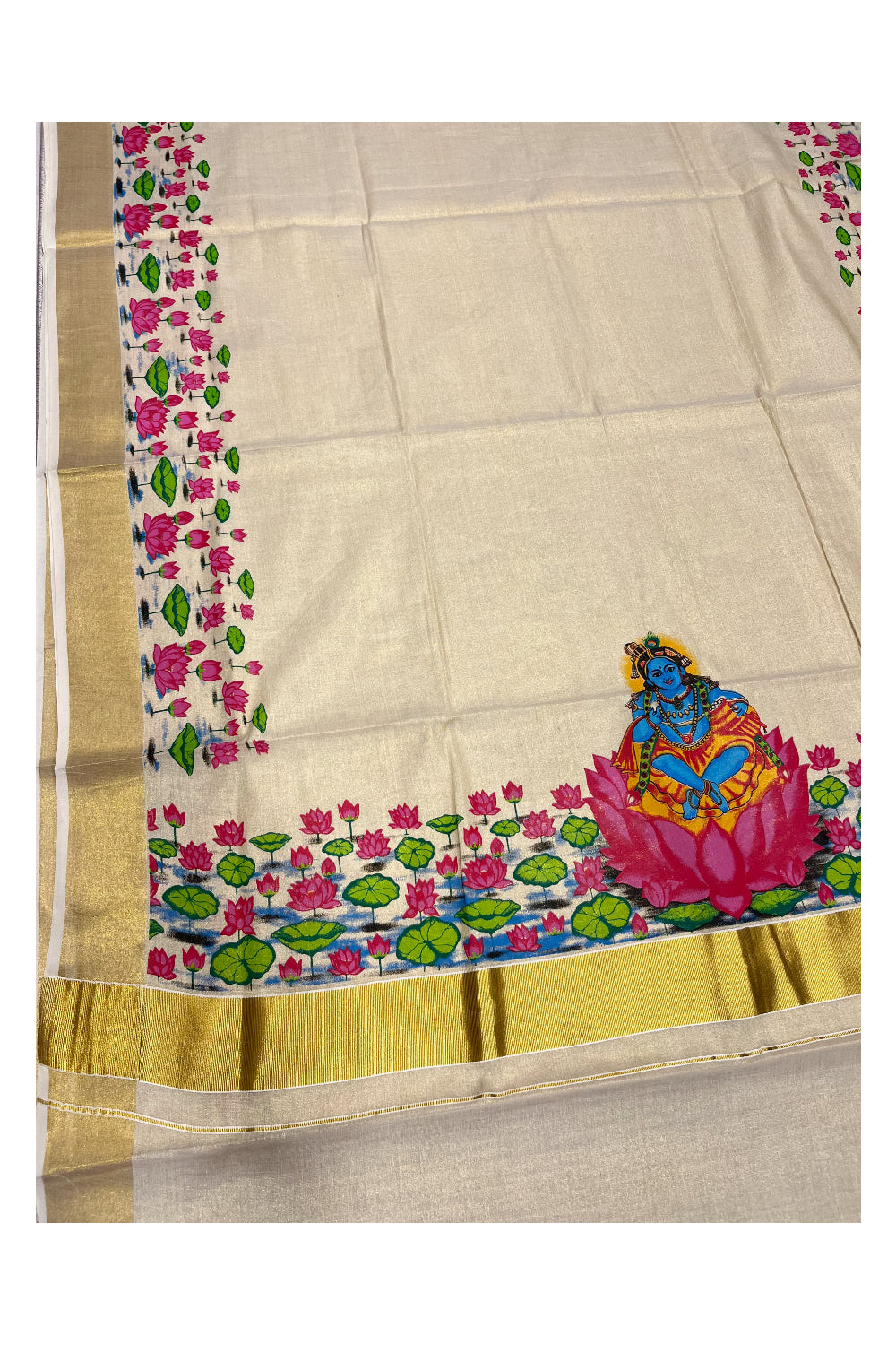 Southloom Tissue Kerala Kasavu Saree with Lotus Handpainted Design
