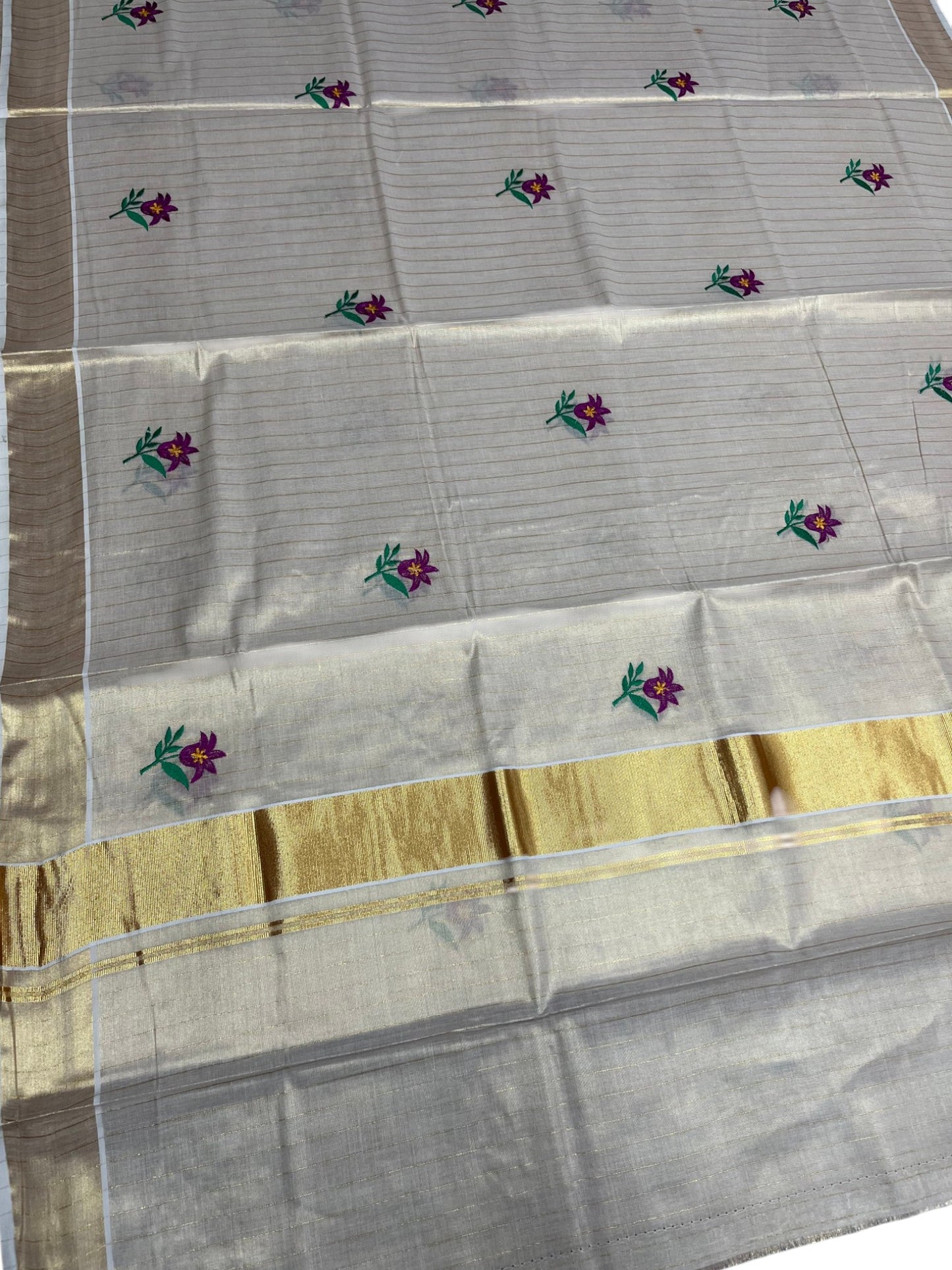 Southloom Kerala Tissue Kasavu Lines Saree with Floral Embroidery Work on Body