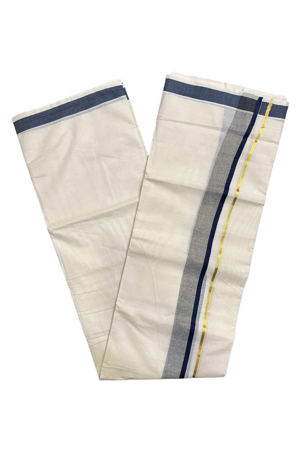 Kerala Pure Cotton Double Mundu with Dark Blue and Kasavu Border (South Indian Kerala Dhoti)