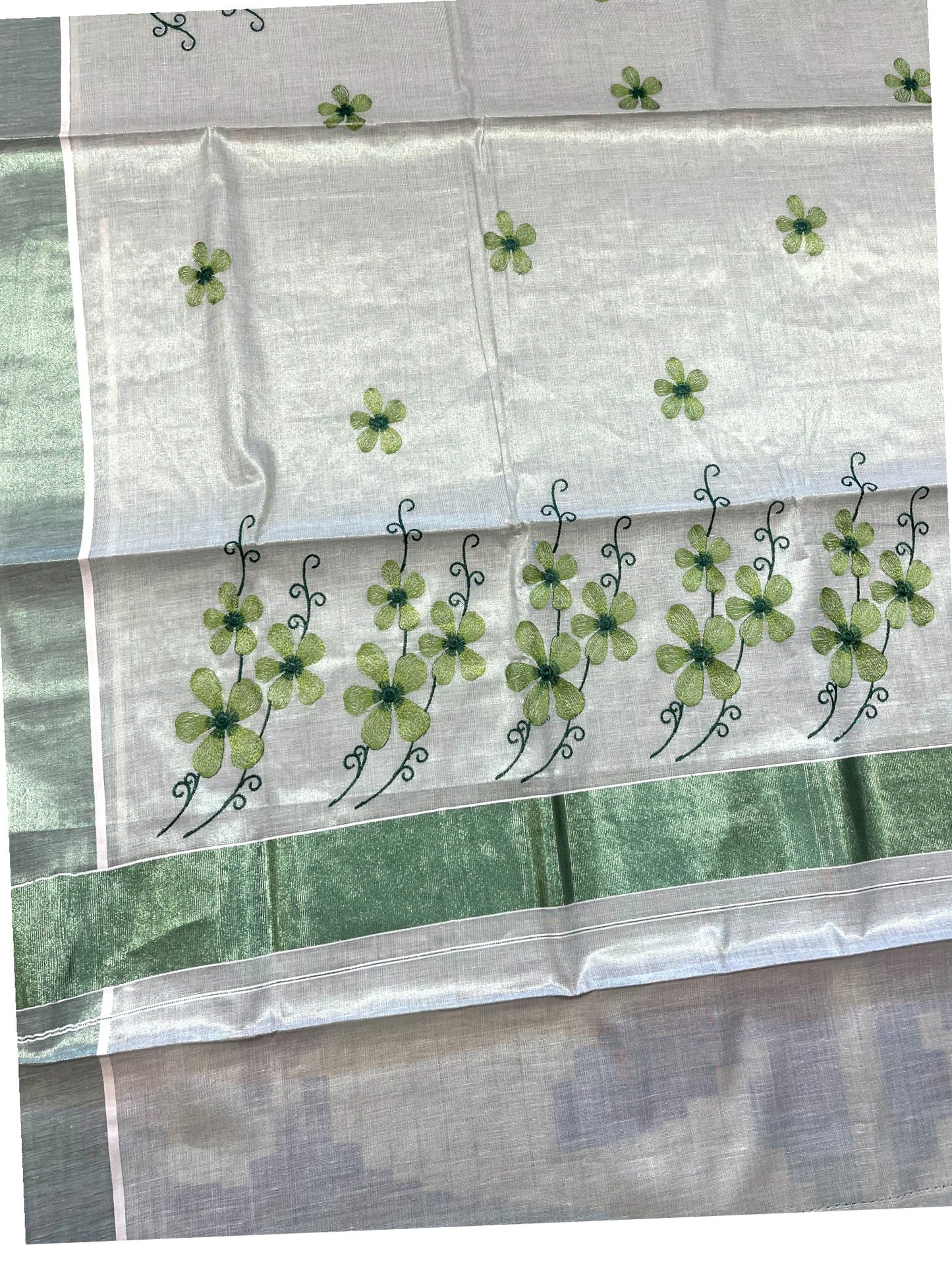 Southloom Kerala Tissue Kasavu Saree with Green Floral Embroidery on Body and Border