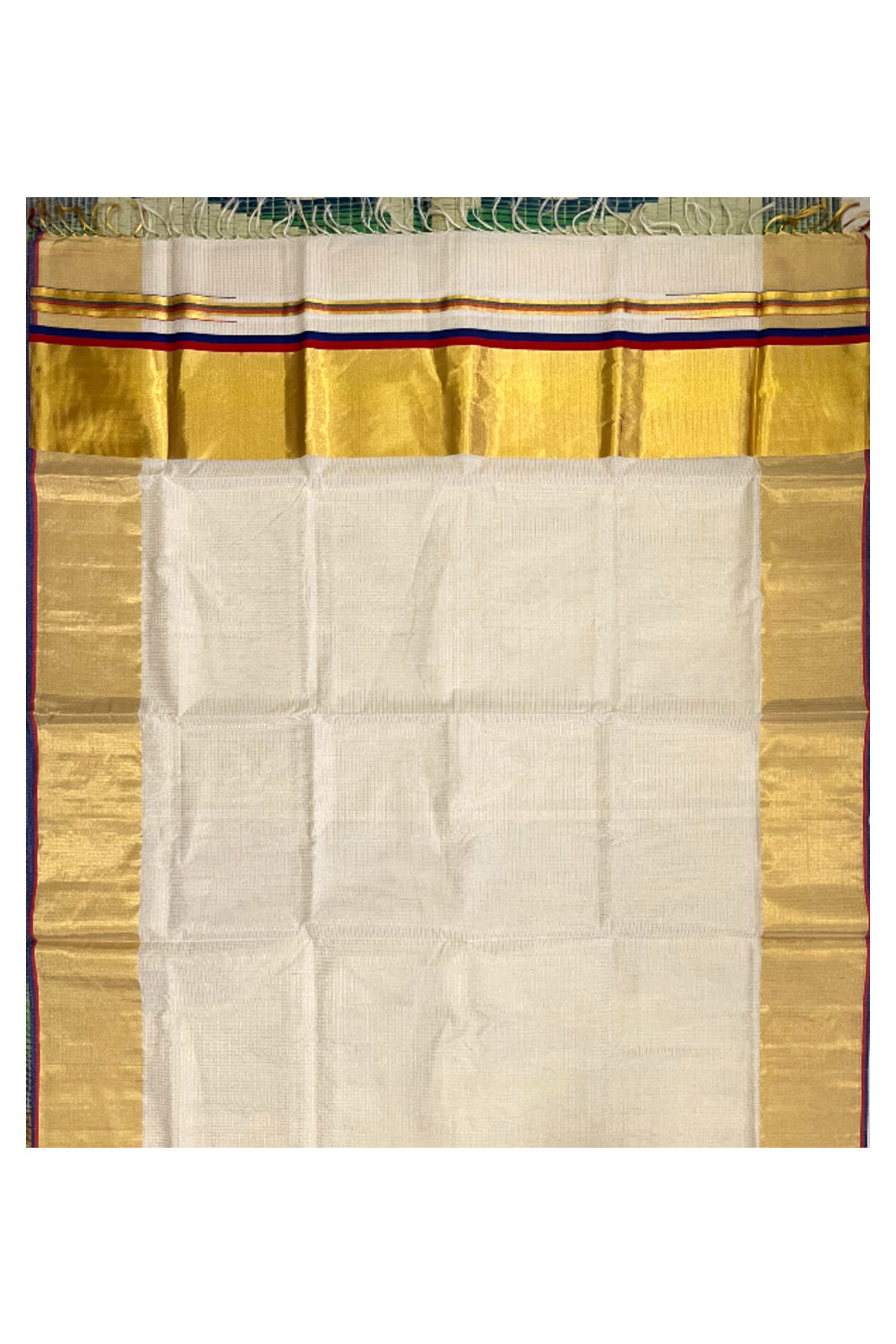 Southloom Handloom Premium Saree with Kasavu Micro Checks Across Body and Red Blue Border (Onam Saree 2023)