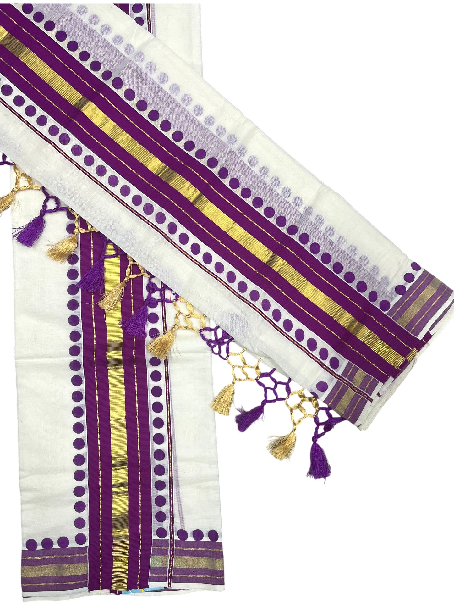 Southloom Kerala Cotton Kasavu Single Set Mundu (Mundum Neriyathum) with Magenta Border With Polka Dots SLKK