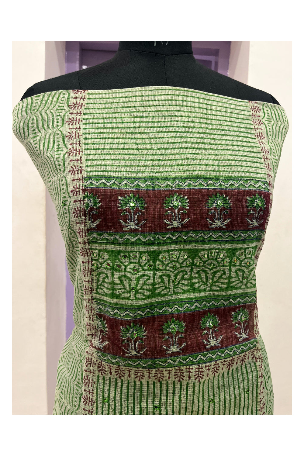 Southloom™ Kota Fabric Churidar Salwar Suit Material in Green with Maroon Bottom