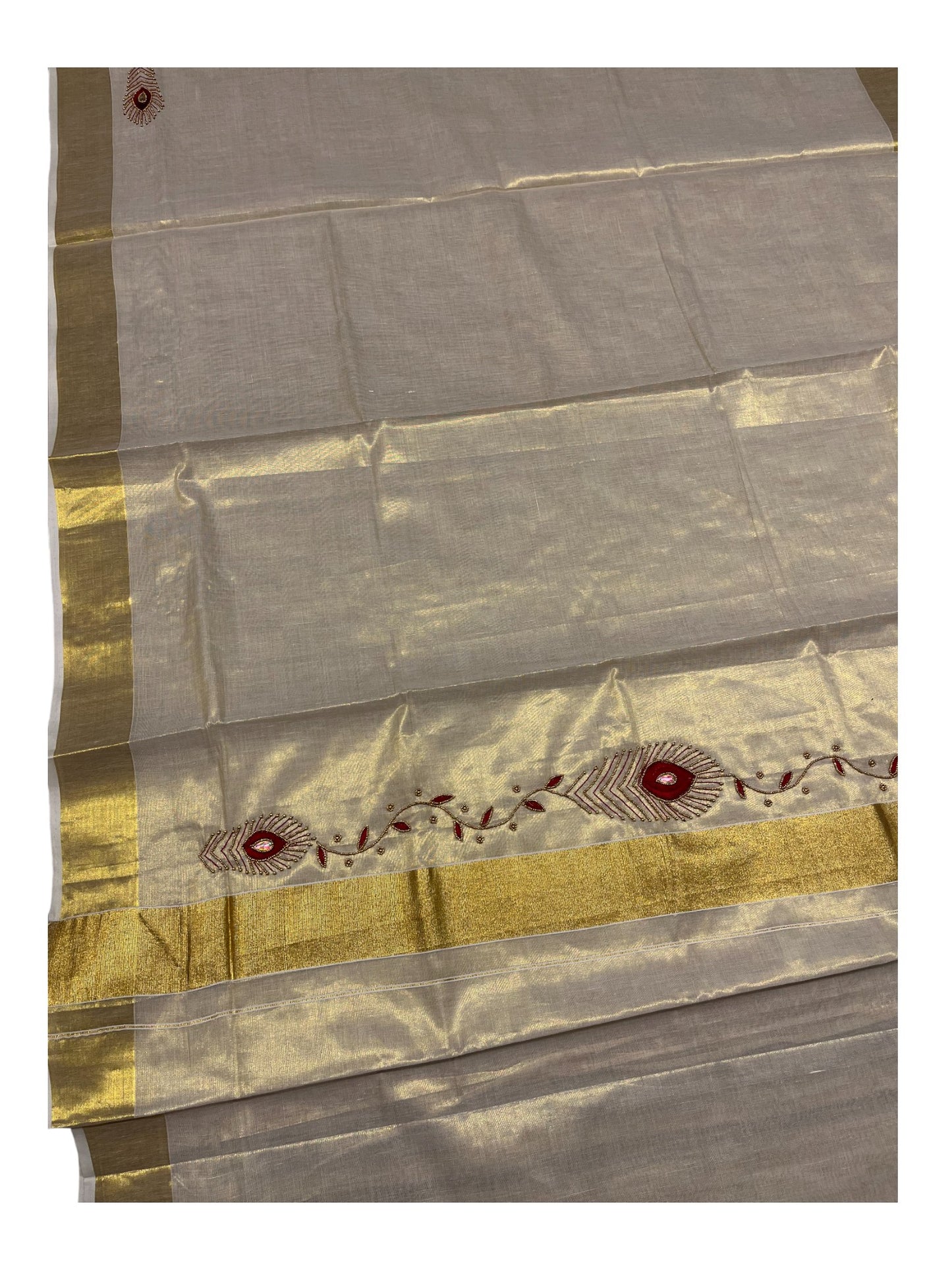 Kerala Tissue Kasavu Saree with Floral Embroidery and Sequins Work on Body