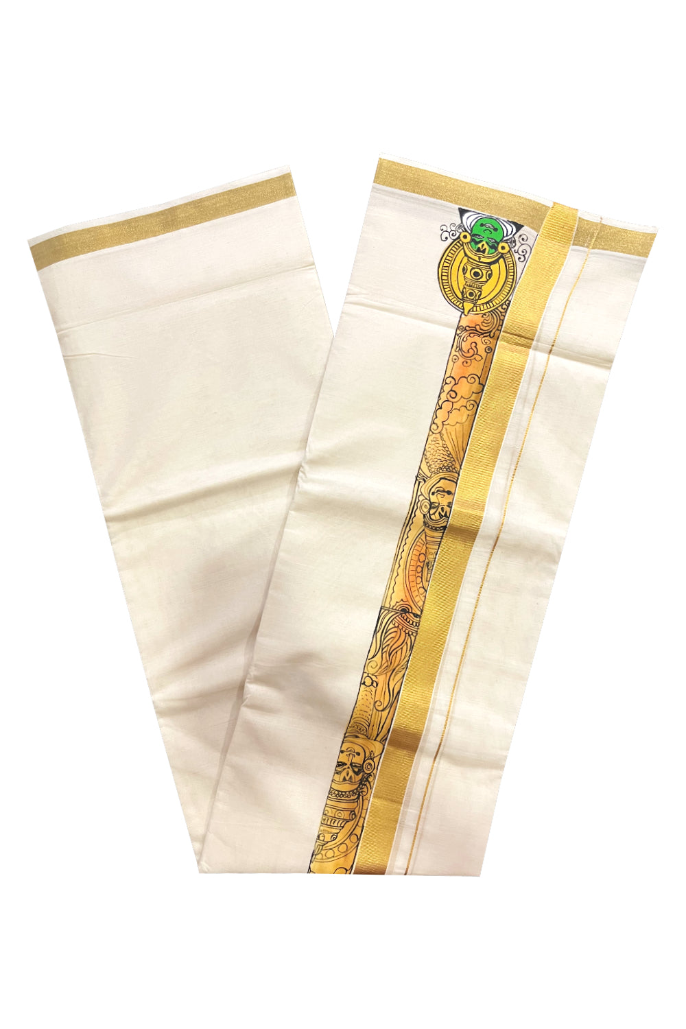 Pure Cotton Kerala Double Mundu with Kathakali Hand Painted Designs on Kasavu Border (Vishu Collection 2024)