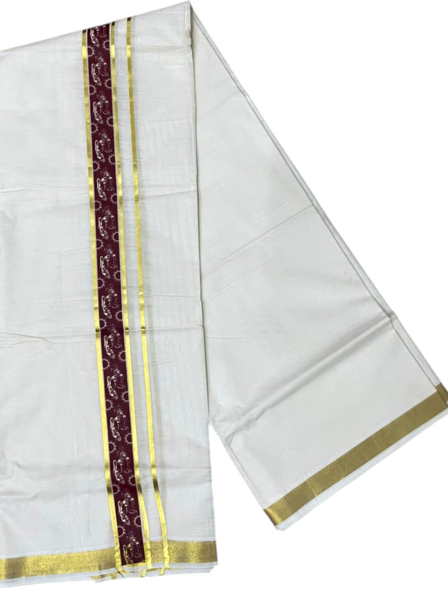 Southloom Pure Cotton Double Mundu with Maroon Block Printed And Ksavu Border (South Indian Kerala Dhoti)