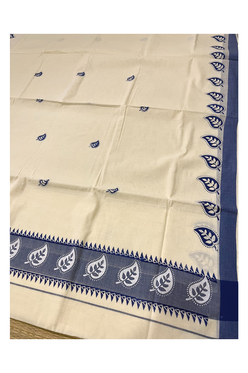 Kerala Cotton Saree with Blue Leaf Block Prints on Border