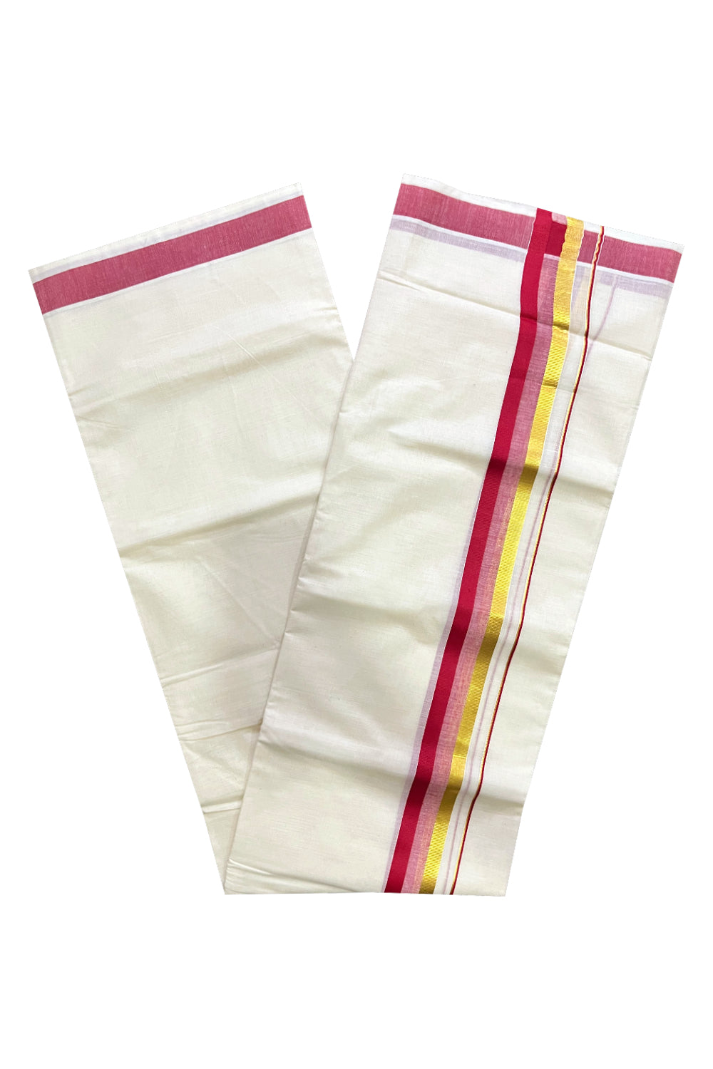 Off White Kerala Cotton Double Mundu with Kasavu and Red Border (South Indian Kerala Dhoti)