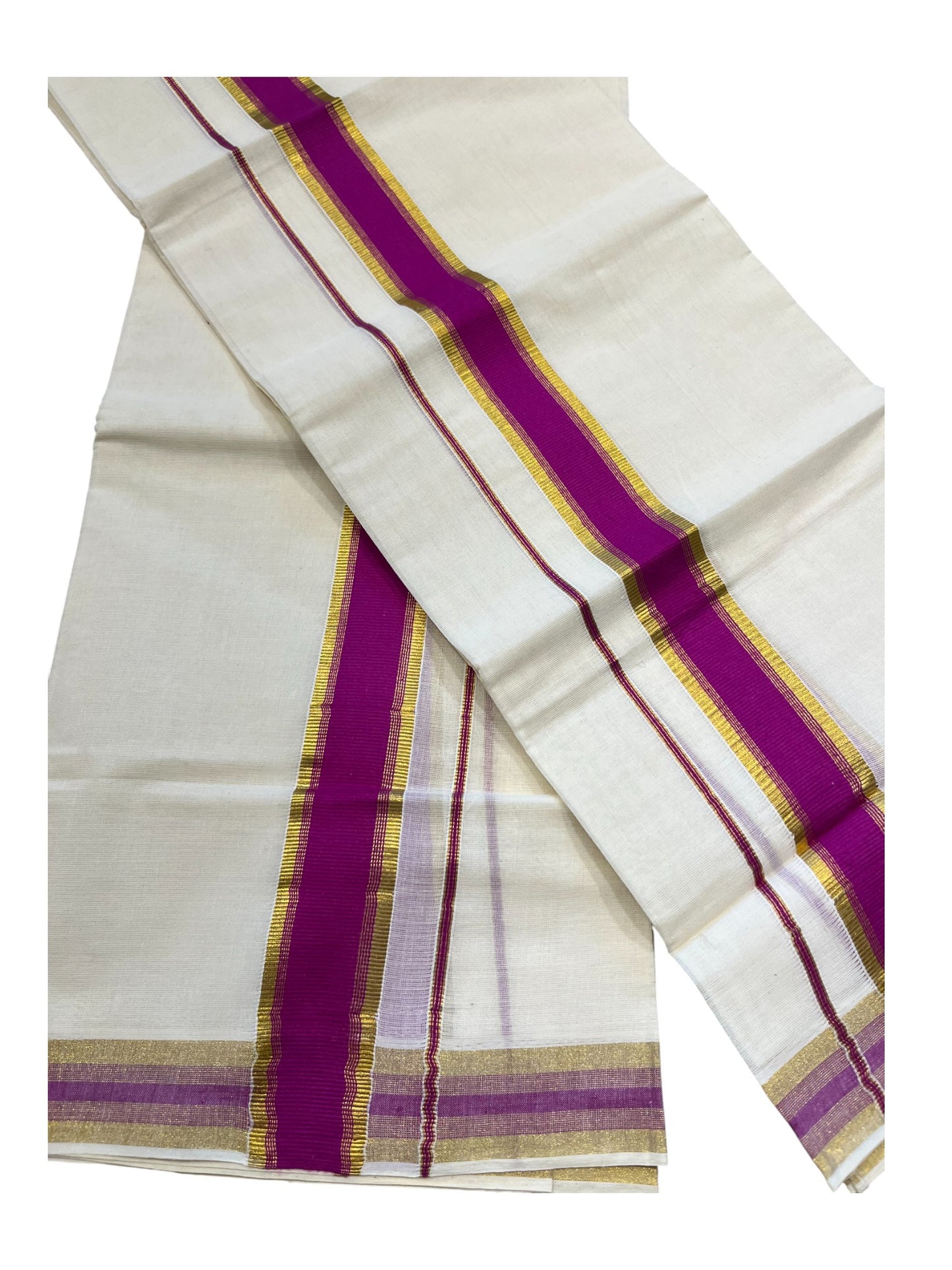 Kerala Cotton Set Mundu (Mundum Neriyathum) with Kasavu and Magentha Border